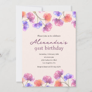 Elegant Boho Chic Watercolor Floral 91. Geburtstag Einladung