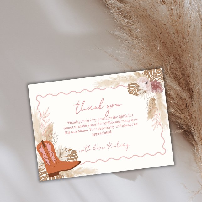 Elegant Boho Cowgirl Boots Pampas Baby Shower Dankeskarte (Elegant Boho Cowgirl Boots Pampas Baby Shower Thank You Card)