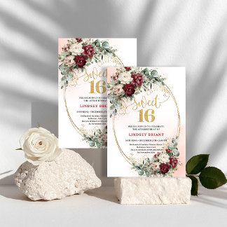 Elegant Boho Deep Red Peonies Sweet Sixteen Invite Einladung