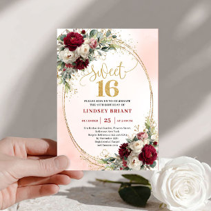Elegant Boho Dunkelrot Gold Blumen Sweet Sixteen Einladung