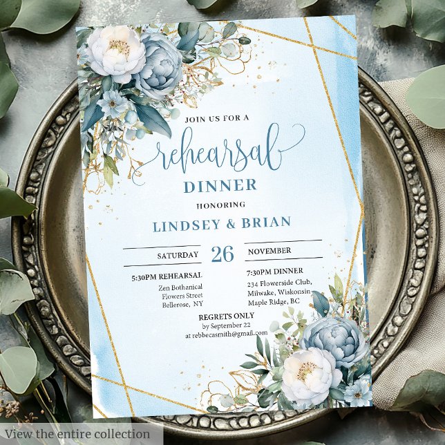 Elegant Boho Dusty Blue Eucalyptus Gold Probe Einladung (Elegant Dusty Blue Eucalyptus Gold Rehearsal Invite)