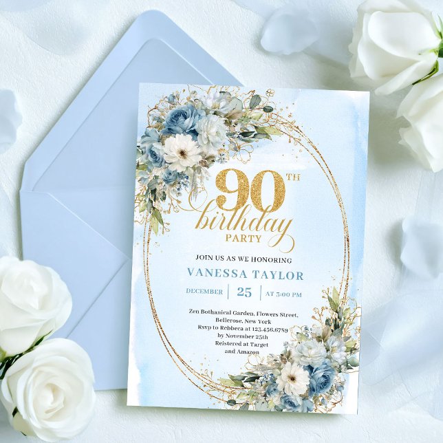 Elegant Boho Dusty Blue Floral Gold 90th Birthday Einladung (Elegant Boho Dusty Blue Floral Gold 90th Birthday Invitation)