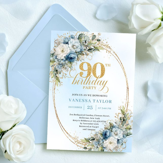 Elegant Boho Dusty Blue Floral Gold 90th Birthday Einladung (Elegant Dusty Blue Floral Gold 90th Birthday Invite

)