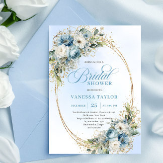 Elegant Boho Dusty Blue Floral Gold Bridal Shower Einladung