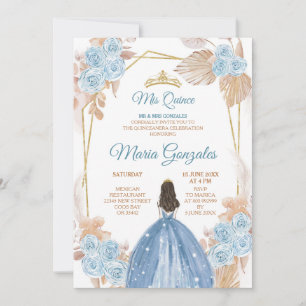 Elegant Boho Dusty Blue Floral Princess Sweet 15. Einladung