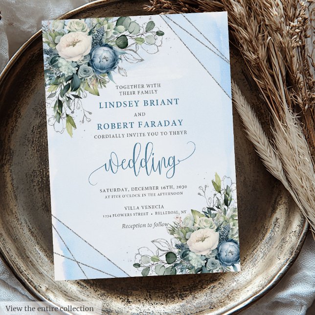 Elegant Boho Dusty Blue Silver Blume Hochzeit Einladung (Elegant Boho Dusty Blue Silver Flowers Wedding Invitation)