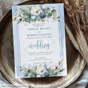 Elegant Boho Dusty Blue White Silver Peonies Rose Einladung