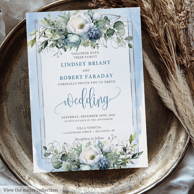 Elegant Boho Dusty Blue White Silver Peonies Rose Einladung (Elegant Boho Dusty Blue White Silver Peonies Wedding Invitation)