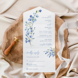 Elegant Boho Dusty Blue Wildblume Wedding All In One Einladung