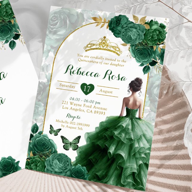 Elegant Boho Emerald Green Floral Quinceañera Einladung (Von Creator hochgeladen)