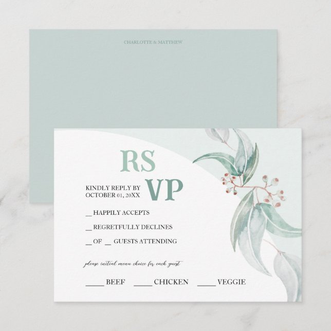 Elegant Boho Eucalyptus Watercolor RSVP Karte (Vorne/Hinten)