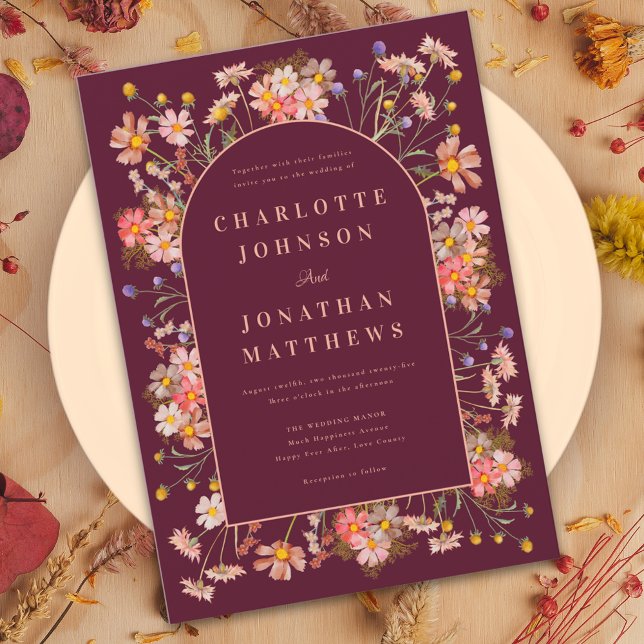 Elegant Boho Floral Arch Burgundy Hochzeit im Herb Einladung (Boho chic wildflower arch burgundy burnt orange fall wedding invitation )