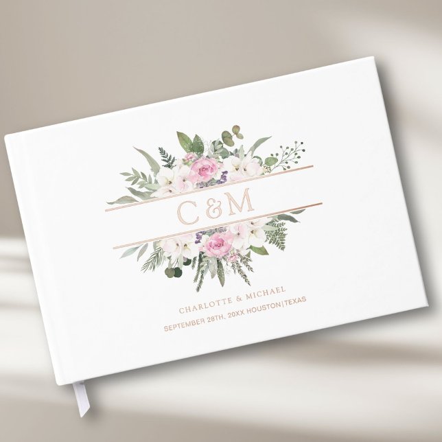 Elegant Boho Floral Gästebuch (Customer-specific, Monogram, Wedding Foil Guest Book, available in rose-gold, gold and silver foil. )