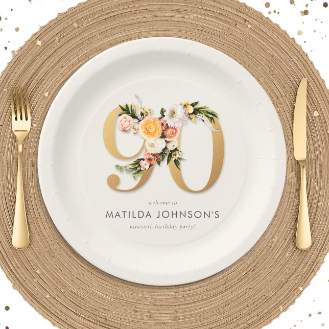 Elegant Boho Floral Gold Foil 90th Birthday Pappteller (Elegant Boho Floral Gold Foil 90th Birthday Paper Plates)