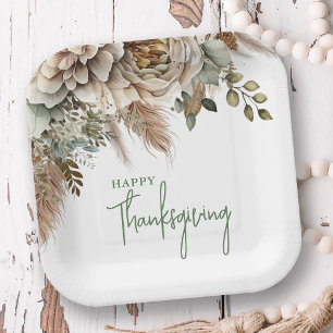 Elegant Boho Floral Happy Thanksgiving Pappteller