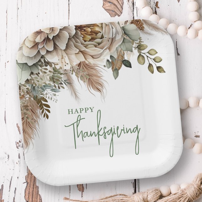 Elegant Boho Floral Happy Thanksgiving Pappteller (Von Creator hochgeladen)