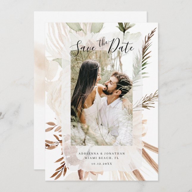 Elegant Boho Floral Pampas Foto Save The Date (Vorne/Hinten)