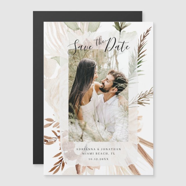 Elegant Boho Floral Pampas Foto Save the Date Magneteinladung (Vorne/Hinten)