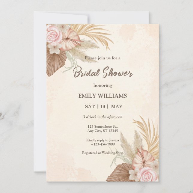 Elegant Boho Floral Pampas Grass Bridal Shower Einladung (Vorderseite)