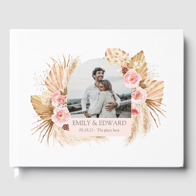 Elegant Boho Floral Pampas Grass Foto Gästebuch (Vorderseite)