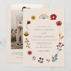 Elegant Boho Floral QR Code Foto Wedding Einladung