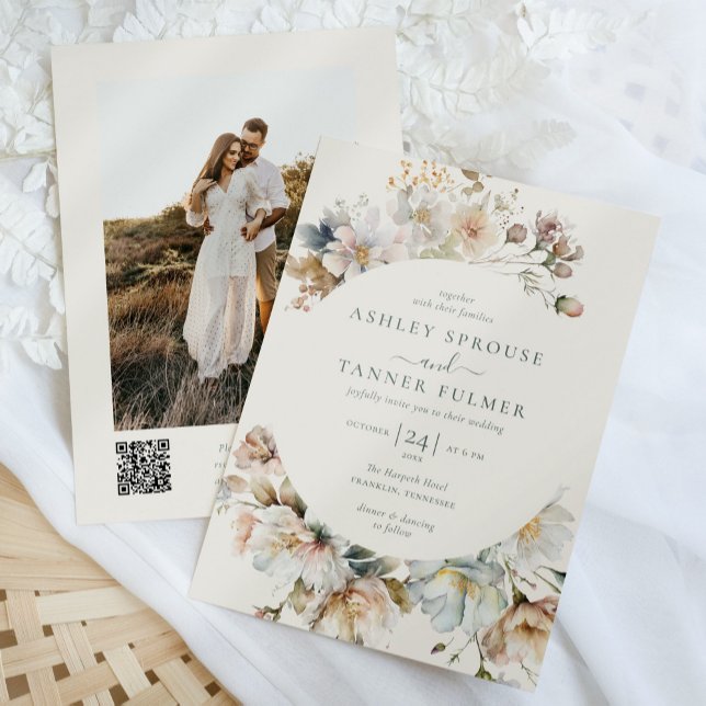 Elegant Boho Floral QR Code Foto Wedding Einladung (Von Creator hochgeladen)