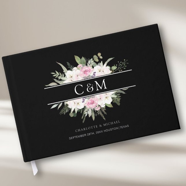 Elegant Boho Floral Silver Gästebuch (Customer-specific, Monogram, Wedding Foil Guest Book, available in rose-gold, gold and silver foil. )
