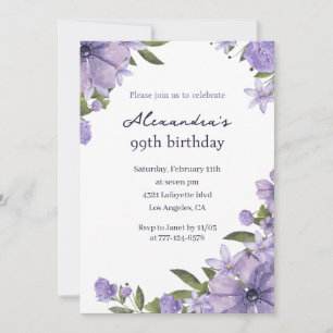 Elegant Boho Floral Watercolor 99. Geburtstag Einladung