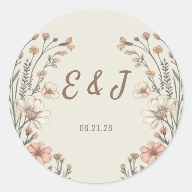 Elegant Boho Floral Wedding Classic Round Sticker (Vorderseite)