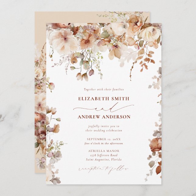 Elegant Boho Floral Wedding Einladung (Vorne/Hinten)