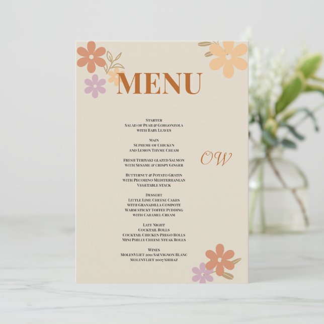 Elegant Boho Floral Wedding Menü Einladung (Stehend Vorderseite)