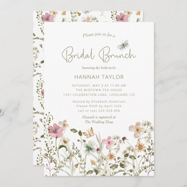 Elegant Boho Floral Wildblume Bridal Brunch Einladung (Vorne/Hinten)
