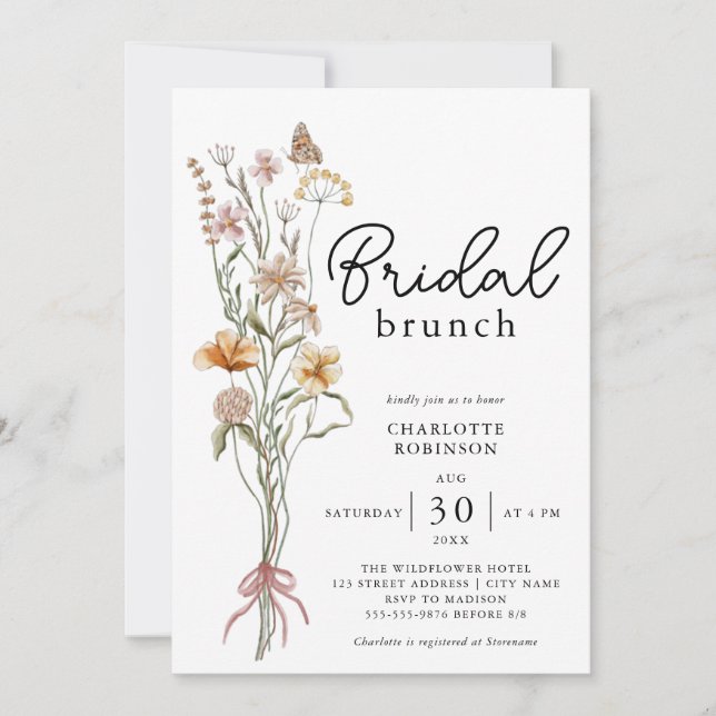 Elegant Boho Floral Wildblume Bridal Brunch Einladung (Vorderseite)