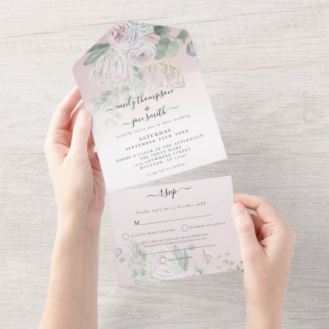 Elegant Boho Florals Eucalyptus Dusty Rose Wedding All In One Einladung (Abreißen)