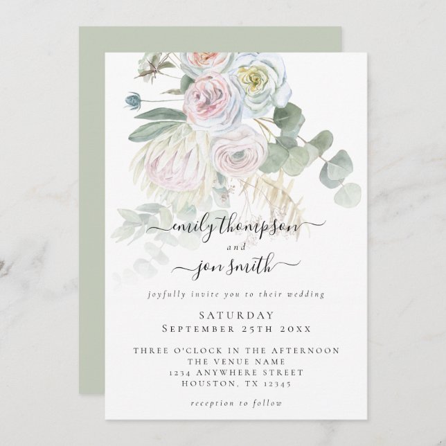Elegant Boho Florals Eucalyptus Pastel Wedding Einladung (Vorne/Hinten)