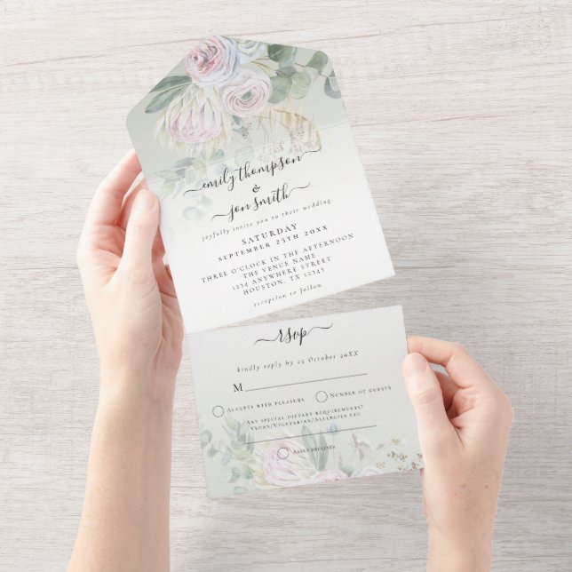 Elegant Boho Florals Eucalyptus Sage Wedding All In One Einladung (Abreißen)