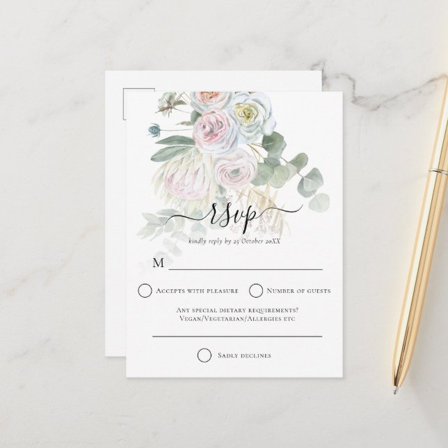 Elegant Boho Florals Eucalyptus Wedding RSVP Postkarte (Vorderseite/Rückseite Beispiel)