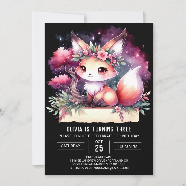 Elegant Boho Fox Birthday Einladung (Vorderseite)