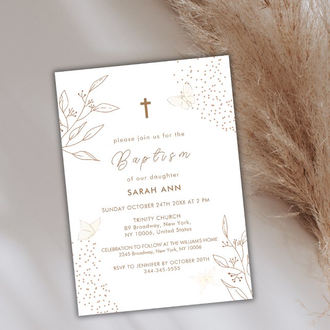 Elegant Boho Gold Blätter Butterfly Cross Taufen Einladung (Elegant Boho Gold Leave Butterfly Cross Baptism Invitation)
