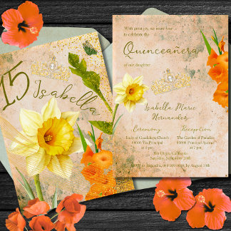 Elegant Boho Golden Bloom Tiara Charm Quinceañera Einladung