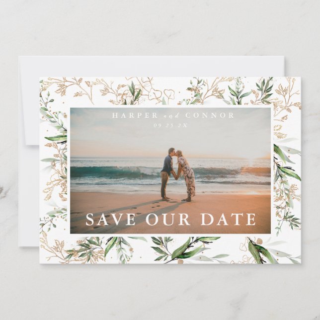 Elegant Boho Golden Sage Eucalyptus Greenery Foto Save The Date (Vorderseite)