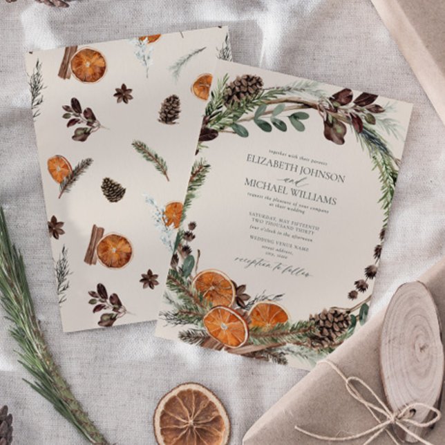 Elegant Boho Greenery Citrus Winter Wedding Einladung (Easily personalize this formal bohemian citrus invitation for the perfect fall or winter wedding)