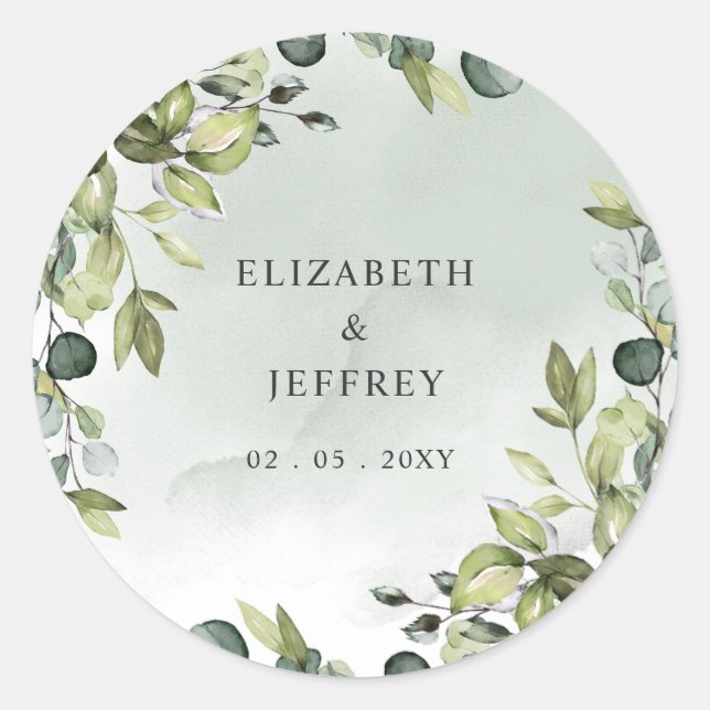 Elegant Boho Greenery Eucalyptus Wedding Runder Aufkleber (Vorderseite)