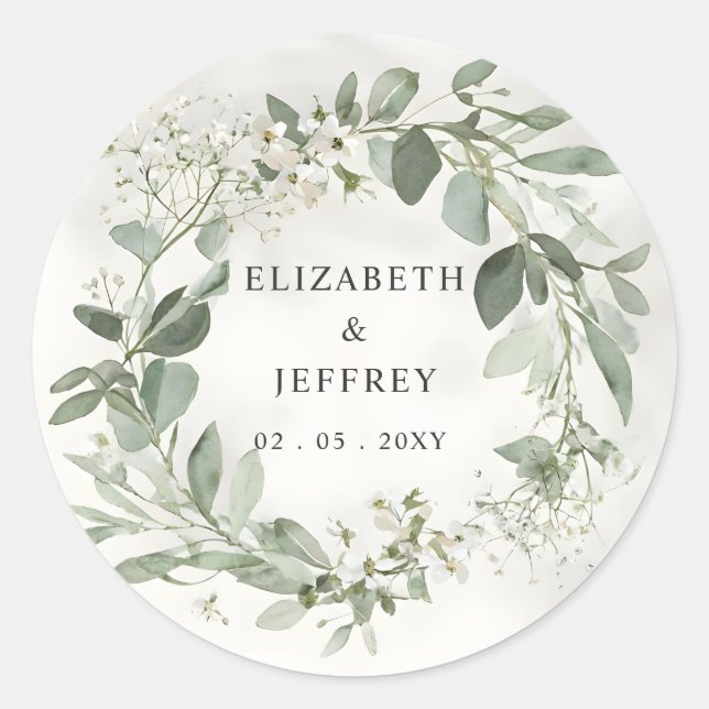 Elegant Boho Greenery Eucalyptus Wedding Runder Aufkleber (Vorderseite)