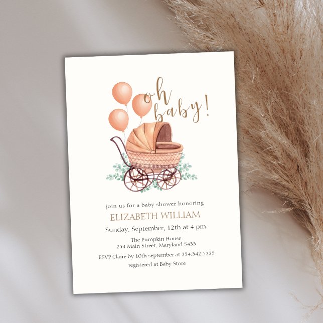 Elegant Boho Greenery Stroller Balloon Baby Shower Einladung (Elegant Boho Greenery Stroller Balloon Baby Shower Invitation)