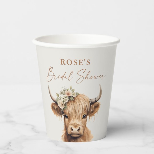 Elegant Boho Highland Cow Brautparty Pappbecher (Vorderseite)