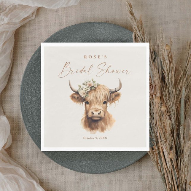 Elegant Boho Highland Cow Brautparty Serviette (Elegant boho highland cow bridal shower napkins.)