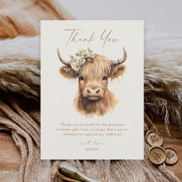 Elegant Boho Highland Cow Kindergeburtstag Dankeskarte