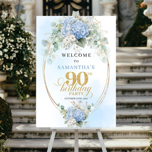 Elegant Boho Hydrangeas Gold 90th Birthday Welcome Poster (Elegant Boho Hydrangeas Gold 90th Birthday Welcome)