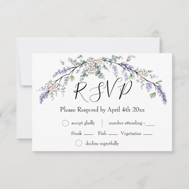 Elegant boho Lavender white Rose und Eucalyptus RSVP Karte (Vorderseite)